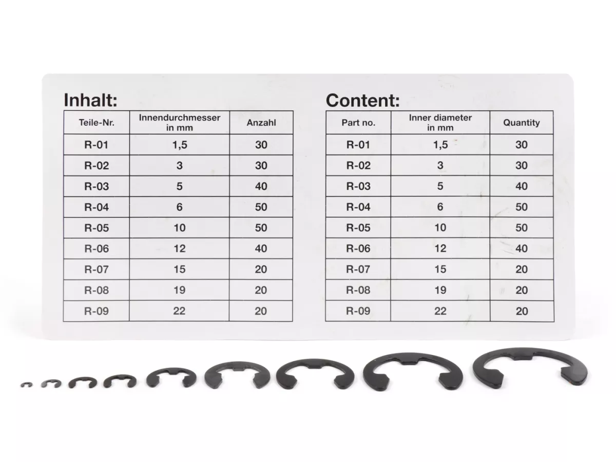 Assortimento di anelli di sicurezza -HS- albero DIN6799, Ø=1,5-22 mm, 300 pz.