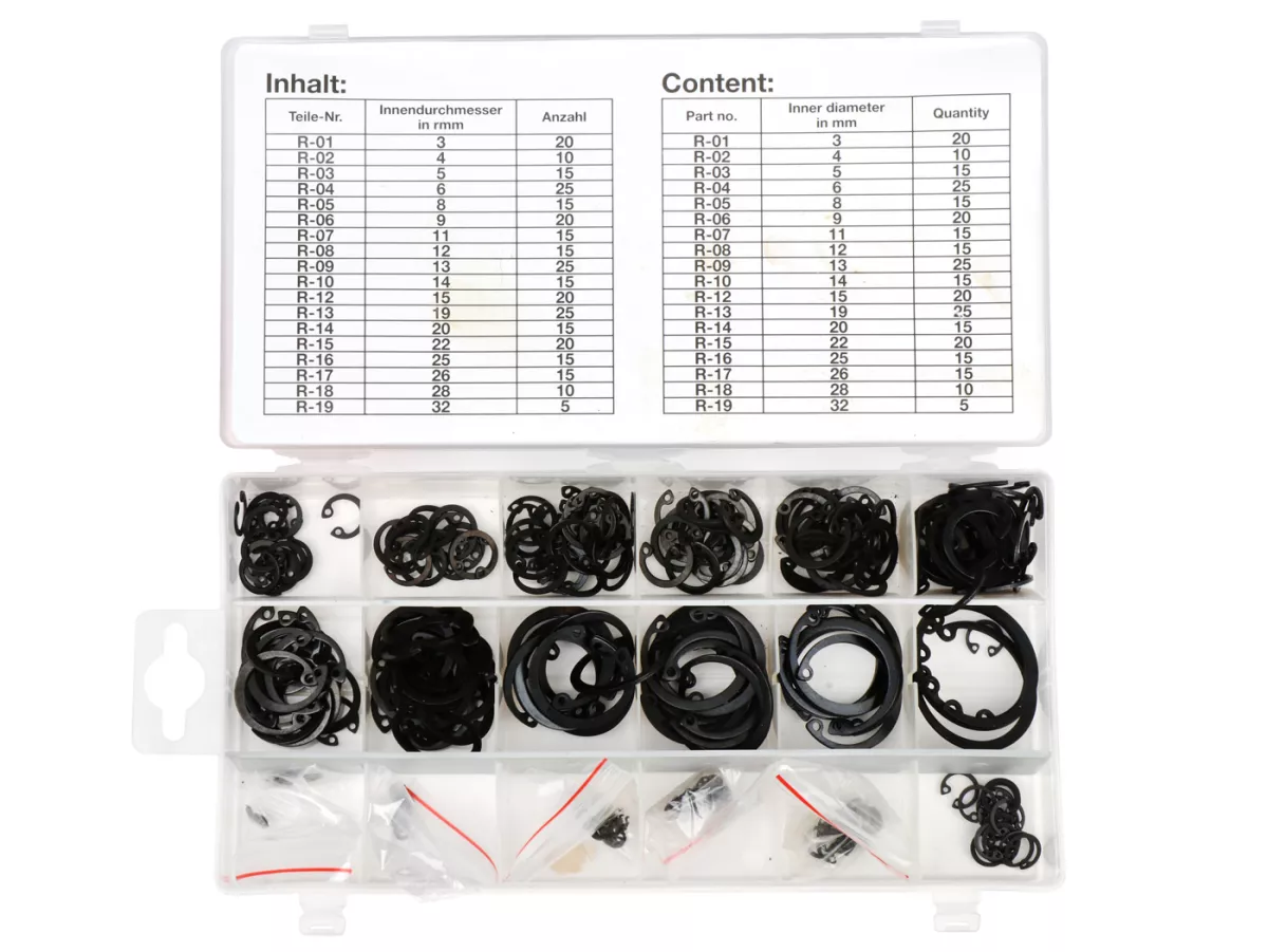 Assortimento di anelli Seeger -HS- foro DIN472, Ø=3-32 mm, 300 pz.