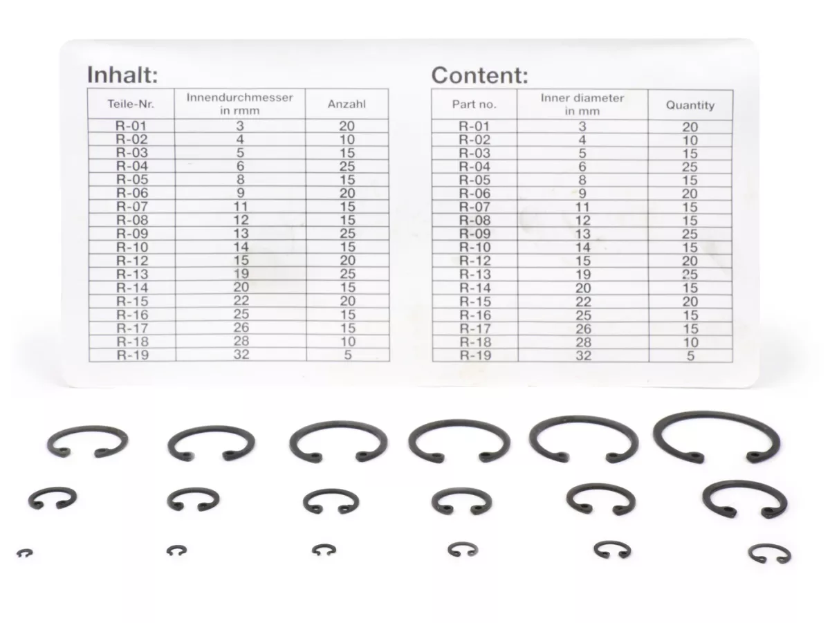 Assortimento di anelli Seeger -HS- foro DIN472, Ø=3-32 mm, 300 pz.