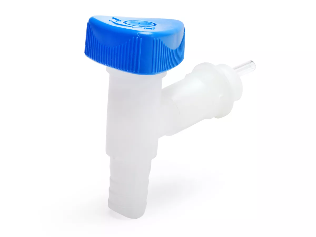 Rubinetto di scarico per tanica d'acqua a collo largo -HÜNERSDORFF, filettatura professionale da 22 mm, naturale (trasparente) con maniglia a rotazione blu