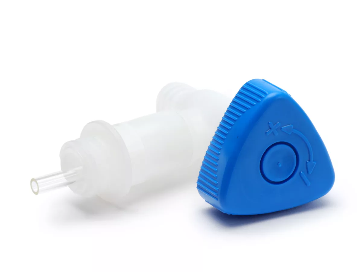 Rubinetto di scarico per tanica d'acqua a collo largo -HÜNERSDORFF, filettatura professionale da 22 mm, naturale (trasparente) con maniglia a rotazione blu
