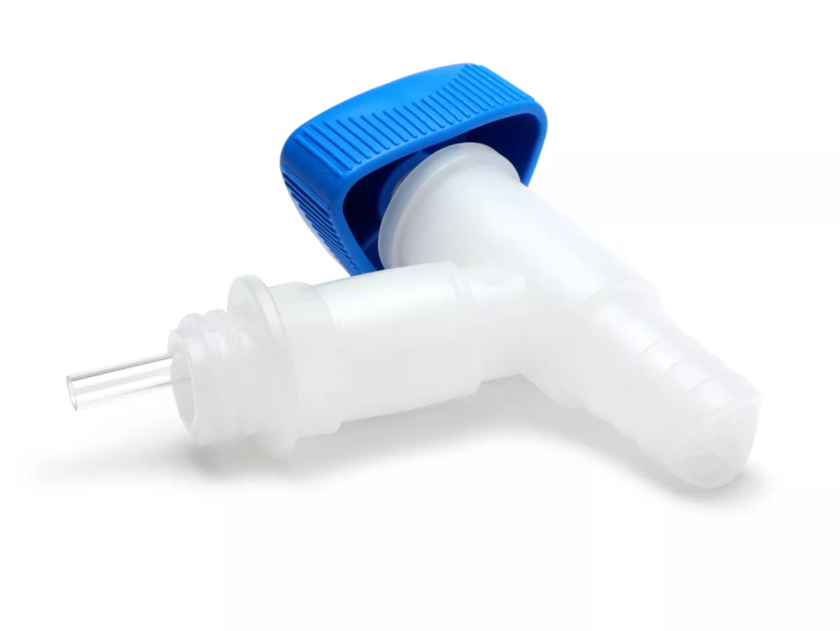 Rubinetto di scarico per tanica d'acqua a collo largo -HÜNERSDORFF, filettatura professionale da 22 mm, naturale (trasparente) con maniglia a rotazione blu