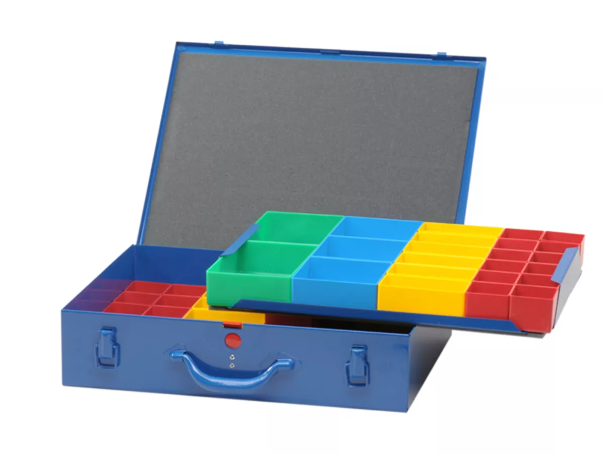 Caja de clasificación -HÜNERSDORFF, metal (330x440x100mm)- 59 compartimentos, azul, chapa de acero con recubrimiento en polvo