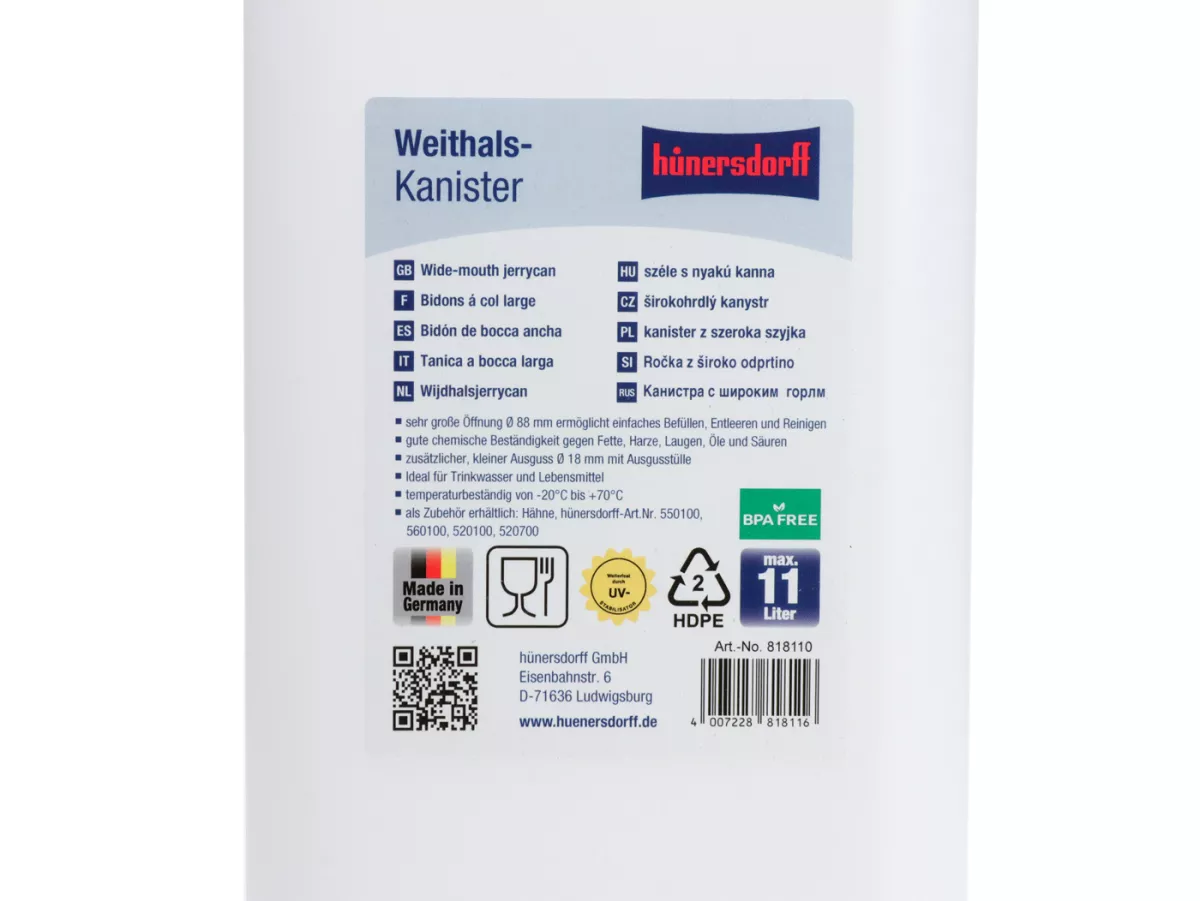 Water canister 11L (11000ml) wide neck -HÜNERSDORFF- HD PE, natural (transparent) with UV protection