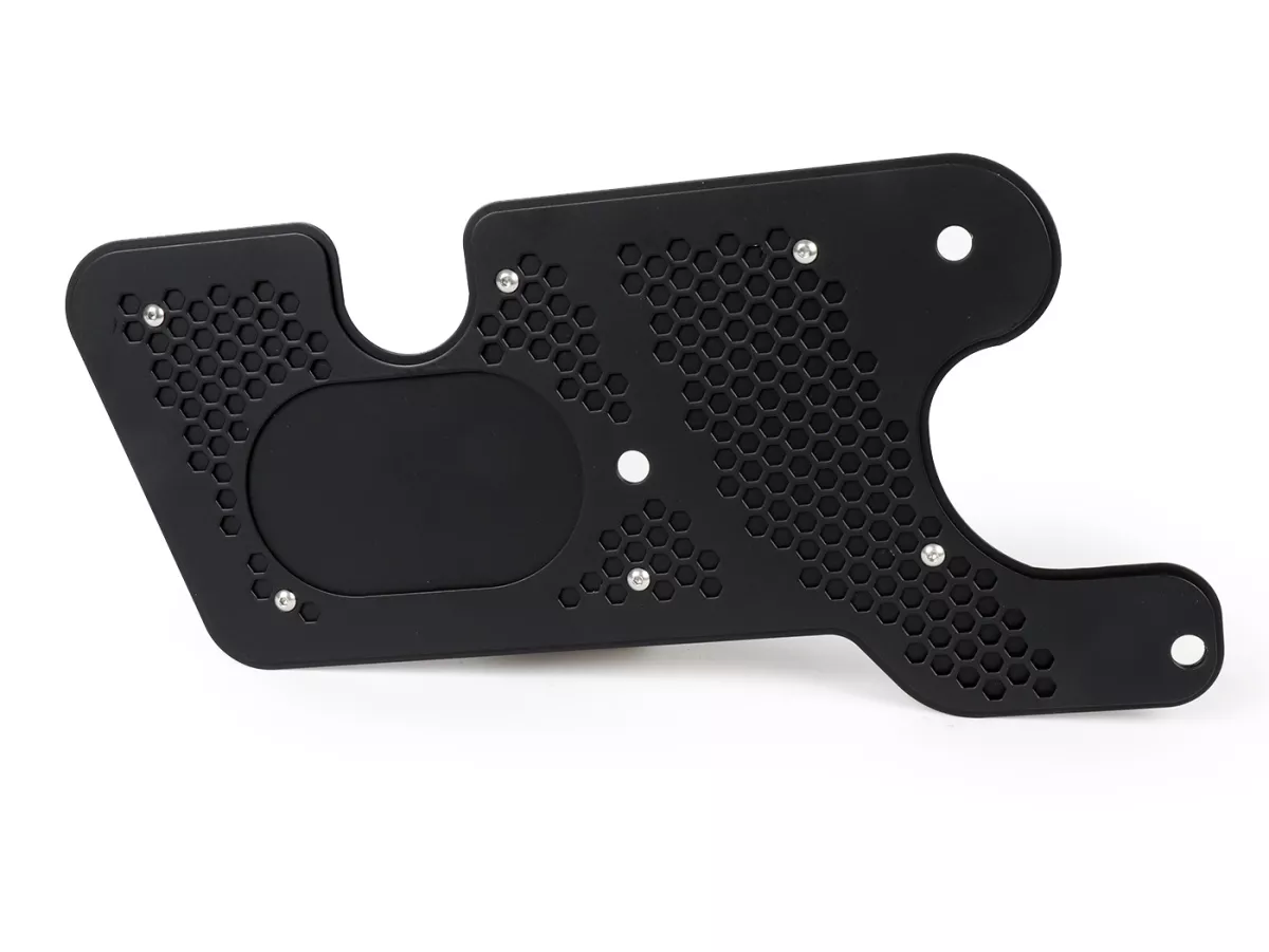 Penutup knalpot untuk lengan ayun mesin -JAILBREAK CUSTOMS, baja tahan karat hitam - Vespa GTS 125 (ZAPMA3100, ZAPMA3200, ZAPMA3700, ZAPMD3200, ZAPMD3201), Vespa GTS 150 (ZAPMA3200, ZAPMA3100), Vespa GTS Super 125 (ZAPMA3100, ZAPMA3200, ZAPMA3700, ZAPMD32