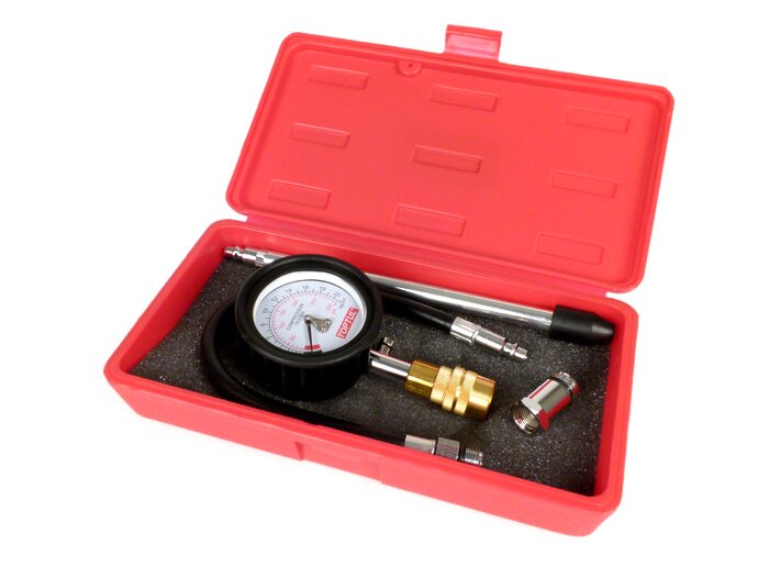 Kompressionstester-Set -TOPTUL- Schleppzeiger Manometer 0-300PSI/0-21kg/cm² (bar), inkl. Adapterset M14/M18/universal Gummikonus