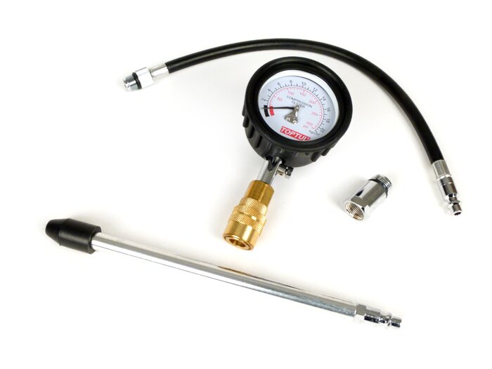 Kompressionstester-Set -TOPTUL- Schleppzeiger Manometer 0-300PSI/0-21kg/cm² (bar), inkl. Adapterset M14/M18/universal Gummikonus