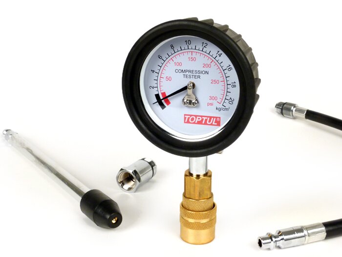 Kompressionstester-Set -TOPTUL- Schleppzeiger Manometer 0-300PSI/0-21kg/cm² (bar), inkl. Adapterset M14/M18/universal Gummikonus
