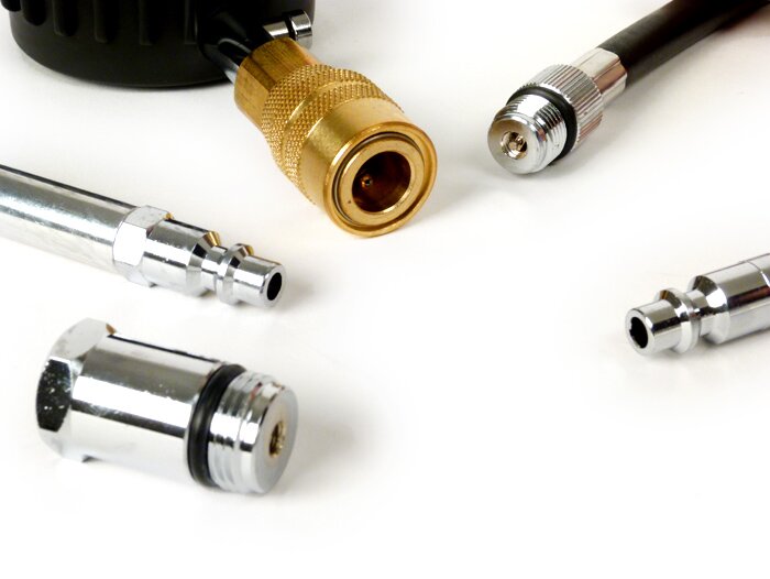 Kompressionstester-Set -TOPTUL- Schleppzeiger Manometer 0-300PSI/0-21kg/cm² (bar), inkl. Adapterset M14/M18/universal Gummikonus