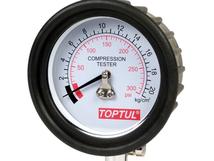 Kompressionstester-Set -TOPTUL- Schleppzeiger Manometer 0-300PSI/0-21kg/cm² (bar), inkl. Adapterset M14/M18/universal Gummikonus