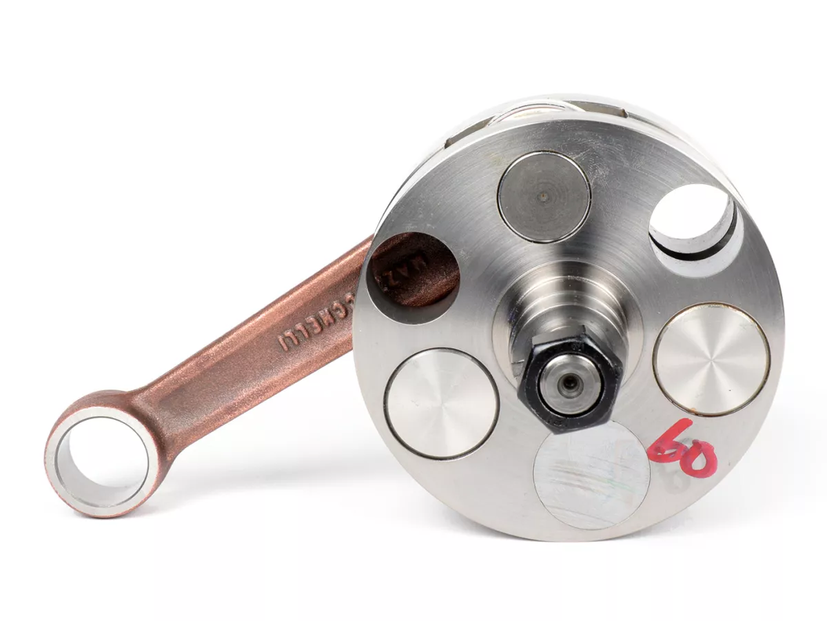 Albero motore -KINGWELLE Brutus I M200 (per cassa motore Quattrini C200, guance=Ø92mm, fattore di bilanciamento 50%) - guancia piena corsa 60mm, biella 116mm - Vespa PK125 XL2, PK125 ETS (cono Ø 24mm)