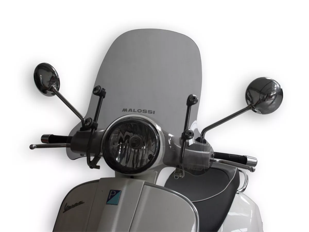 Parabrezza -MALOSSI- 500x330mm, Sport Screen, grigio fumo- Vespa GT, GTL, GTS, GTS Super 125-300cc - incl. materiale di montaggio