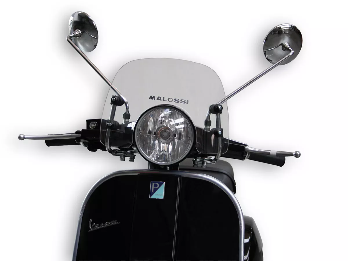 Windscreen -MALOSSI- 335x227mm, Sport Screen, clear- Vespa PX, PX Lusso, PX Arcobaleno, T5 Classic, Motovespa DN, Iris, LML Star, Deluxe, Stella 80-200cc - incl. mounting material