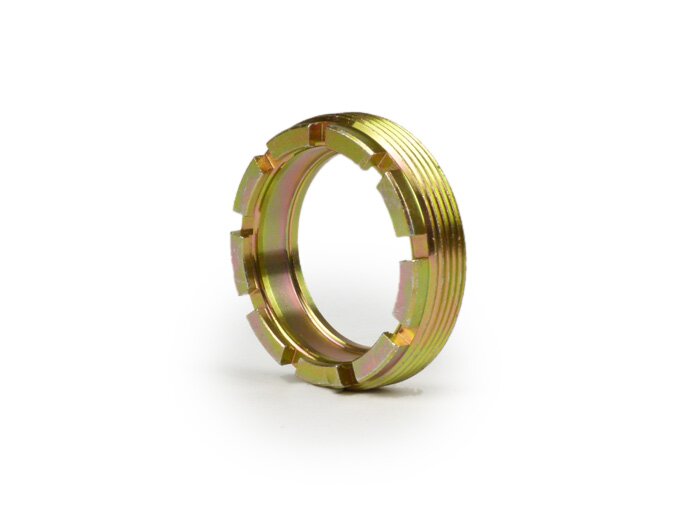 Securing castle nut for rear stroke bearing-VESPA Øinner=37mm, Øouter=49mm, slots=9- Vespa VNA1T, VNA2T, VNB1T, VNB2T, VNB3T, VNB4T, VNB6T, VBA1T, VBA2T, VBB1T, VBB2T,  GL (VLA1T), GT (VNL1T), Sprint (VNL2T 30001-76107), GTR (VNL2T -118278), Sprint (VLB1T