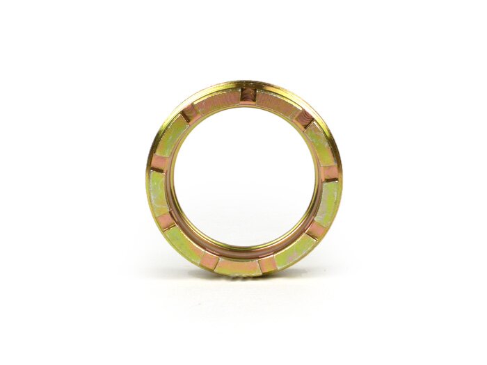 Securing castle nut for rear stroke bearing-VESPA Øinner=37mm, Øouter=49mm, slots=9- Vespa VNA1T, VNA2T, VNB1T, VNB2T, VNB3T, VNB4T, VNB6T, VBA1T, VBA2T, VBB1T, VBB2T,  GL (VLA1T), GT (VNL1T), Sprint (VNL2T 30001-76107), GTR (VNL2T -118278), Sprint (VLB1T