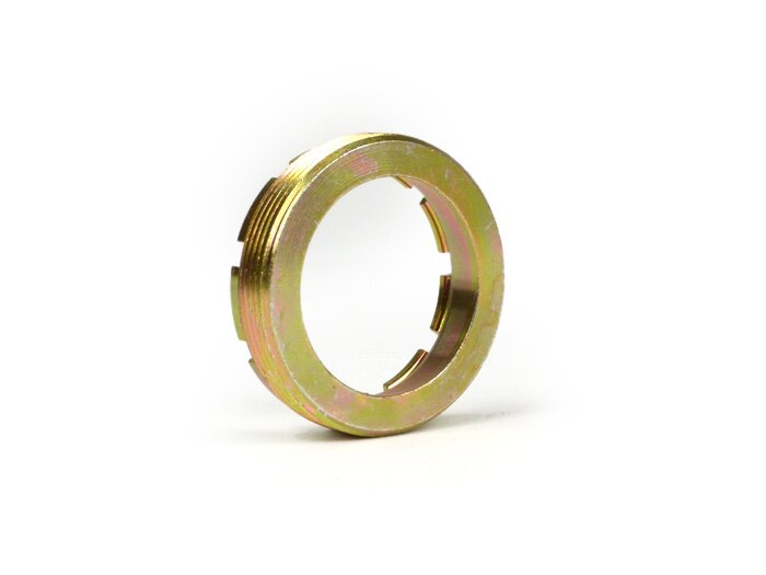 Securing castle nut for rear stroke bearing-VESPA Øinner=37mm, Øouter=49mm, slots=9- Vespa VNA1T, VNA2T, VNB1T, VNB2T, VNB3T, VNB4T, VNB6T, VBA1T, VBA2T, VBB1T, VBB2T,  GL (VLA1T), GT (VNL1T), Sprint (VNL2T 30001-76107), GTR (VNL2T -118278), Sprint (VLB1T