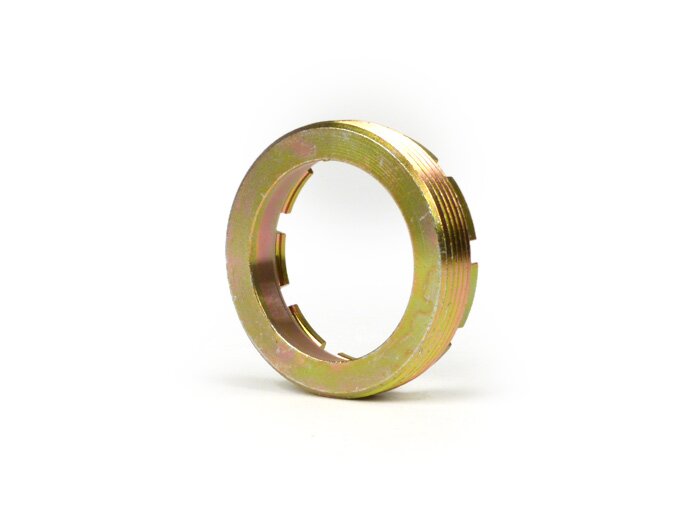 Securing castle nut for rear stroke bearing-VESPA Øinner=37mm, Øouter=49mm, slots=9- Vespa VNA1T, VNA2T, VNB1T, VNB2T, VNB3T, VNB4T, VNB6T, VBA1T, VBA2T, VBB1T, VBB2T,  GL (VLA1T), GT (VNL1T), Sprint (VNL2T 30001-76107), GTR (VNL2T -118278), Sprint (VLB1T