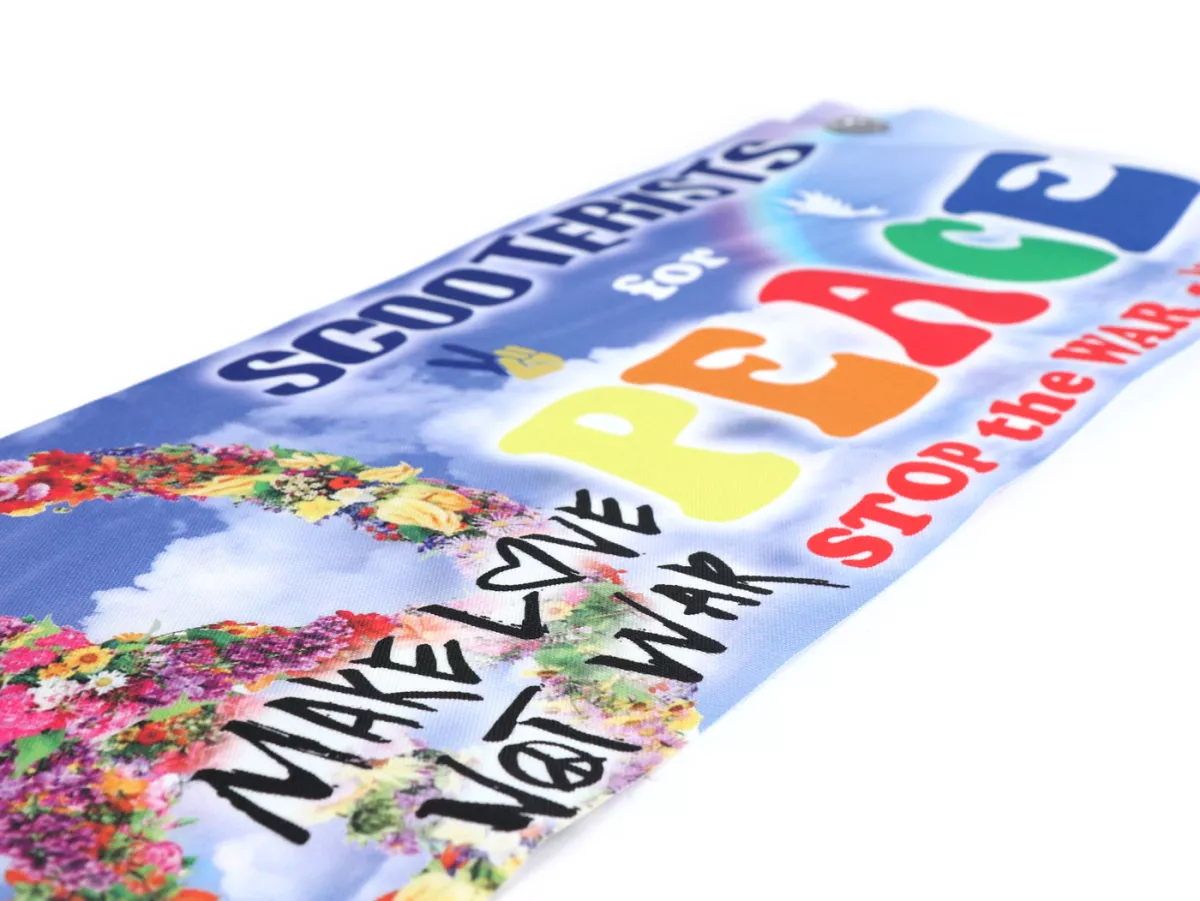 Leg shield banner Scooterists For Peace -UKRAINE- Make Love Not War - 60 x 20 cm