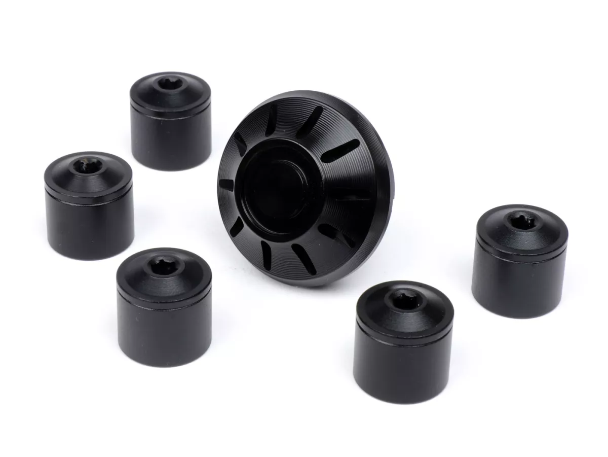 Caps- Set wheel nut / rim Ø=35mm -MOTO NOSTRA, CNC, black shiny- Vespa ET2, ET4, GT, GTL, GTS, GTV, LX, LXV, S, Gilera Fuoco, Piaggio Fly, Hexagon, Liberty, MP3, Sfera RST, Zip FR, Zip II, Zip SP