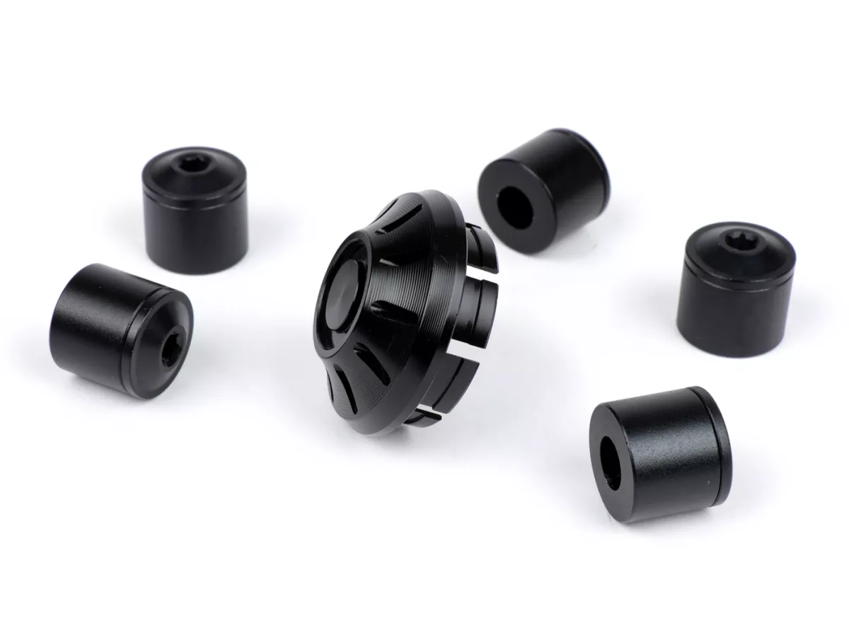 Caps- Set wheel nut / rim Ø=35mm -MOTO NOSTRA, CNC, black shiny- Vespa ET2, ET4, GT, GTL, GTS, GTV, LX, LXV, S, Gilera Fuoco, Piaggio Fly, Hexagon, Liberty, MP3, Sfera RST, Zip FR, Zip II, Zip SP