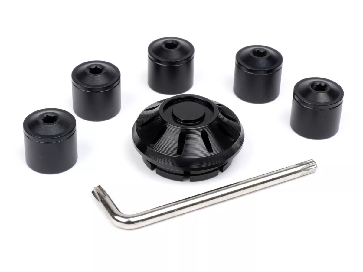 Caps- Set wheel nut / rim Ø=35mm -MOTO NOSTRA, CNC, black shiny- Vespa ET2, ET4, GT, GTL, GTS, GTV, LX, LXV, S, Gilera Fuoco, Piaggio Fly, Hexagon, Liberty, MP3, Sfera RST, Zip FR, Zip II, Zip SP