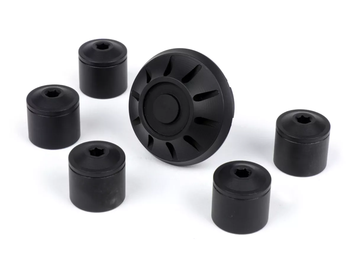 Caps- Set wheel nut / rim Ø=35mm -MOTO NOSTRA, CNC, black mat- Vespa ET2, ET4, GT, GTL, GTS, GTV, LX, LXV, S, Gilera Fuoco, Piaggio Fly, Hexagon, Liberty, MP3, Sfera RST, Zip FR, Zip II, Zip SP