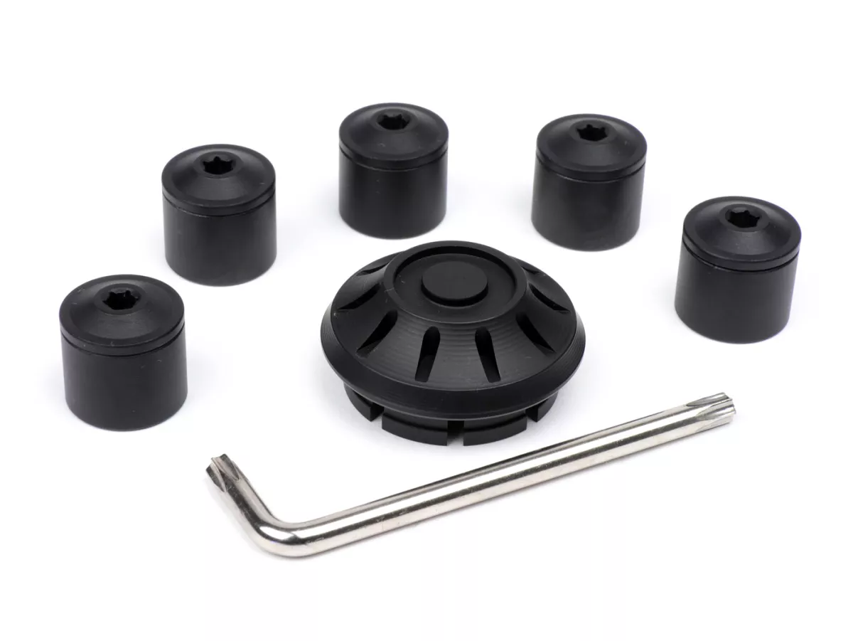 Caps- Set wheel nut / rim Ø=35mm -MOTO NOSTRA, CNC, black mat- Vespa ET2, ET4, GT, GTL, GTS, GTV, LX, LXV, S, Gilera Fuoco, Piaggio Fly, Hexagon, Liberty, MP3, Sfera RST, Zip FR, Zip II, Zip SP