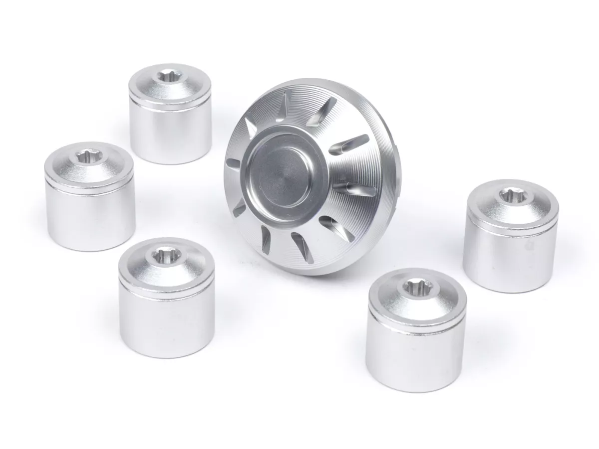 Caps- Set wheel nut / rim Ø=35mm -MOTO NOSTRA, CNC, silver- Vespa ET2, ET4, GT, GTL, GTS, GTV, LX, LXV, S, Gilera Fuoco, Piaggio Fly, Hexagon, Liberty, MP3, Sfera RST, Zip FR, Zip II, Zip SP
