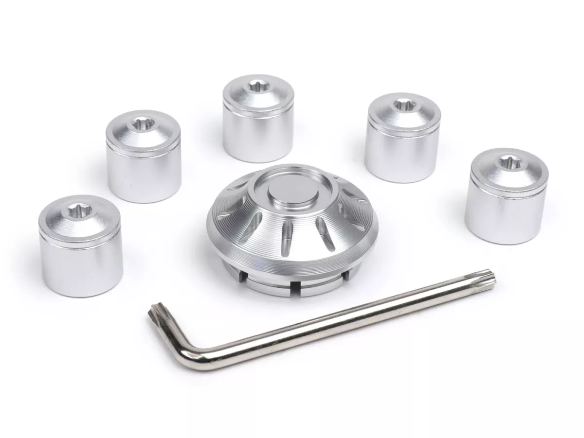 Caps- Set wheel nut / rim Ø=35mm -MOTO NOSTRA, CNC, silver- Vespa ET2, ET4, GT, GTL, GTS, GTV, LX, LXV, S, Gilera Fuoco, Piaggio Fly, Hexagon, Liberty, MP3, Sfera RST, Zip FR, Zip II, Zip SP