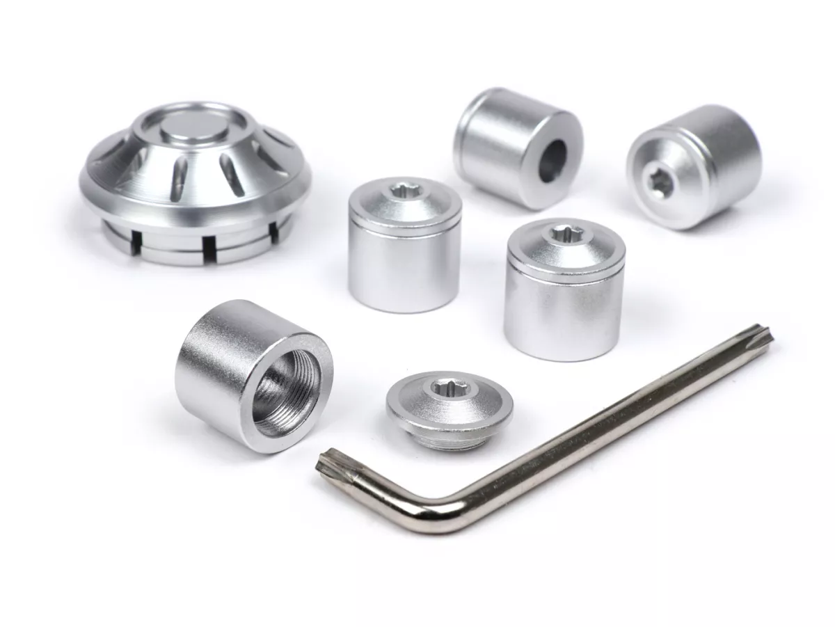 Caps- Set wheel nut / rim Ø=35mm -MOTO NOSTRA, CNC, silver- Vespa ET2, ET4, GT, GTL, GTS, GTV, LX, LXV, S, Gilera Fuoco, Piaggio Fly, Hexagon, Liberty, MP3, Sfera RST, Zip FR, Zip II, Zip SP