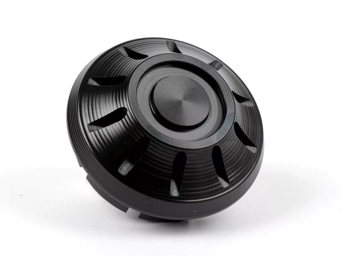 Cap wheel nut / rim Ø=35mm -MOTO NOSTRA, CNC, shiny black- Vespa PX (-1984 - rear), Rally, Sprint, TS, GT, GTR, GS160, SS180, V50 Special (V5B ab Bj. 1972), V50N, SS50-90, PV125, ET3, Vespa ET2, ET4, GT, GTL, GTS, GTV, LX, LXV, S, Gilera Fuoco, Piaggio Fl