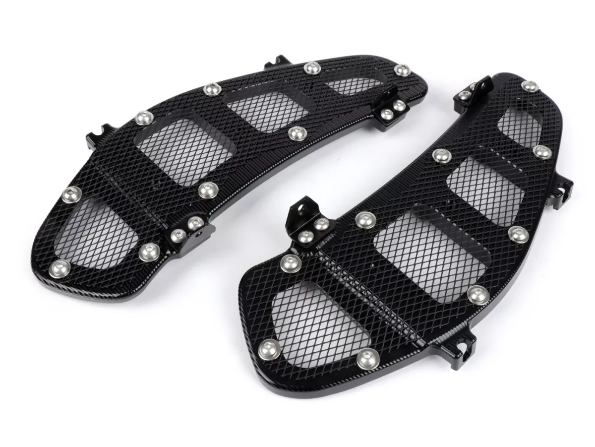 Bagageruimte rooster - ventilatieroosterset -MOTO NOSTRA, CNC, glanzend zwart- Vespa GT 250 (ZAPM45102), Vespa GT L 125 (ZAPM31100, ZAPM31101), Vespa GT L 200 (ZAPM31200), Vespa GTS 125 (ZAPM31300, ZAPMA3100, ZAPMA3200), Vespa GTS 150 (ZAPMA3200, ZAPMA310