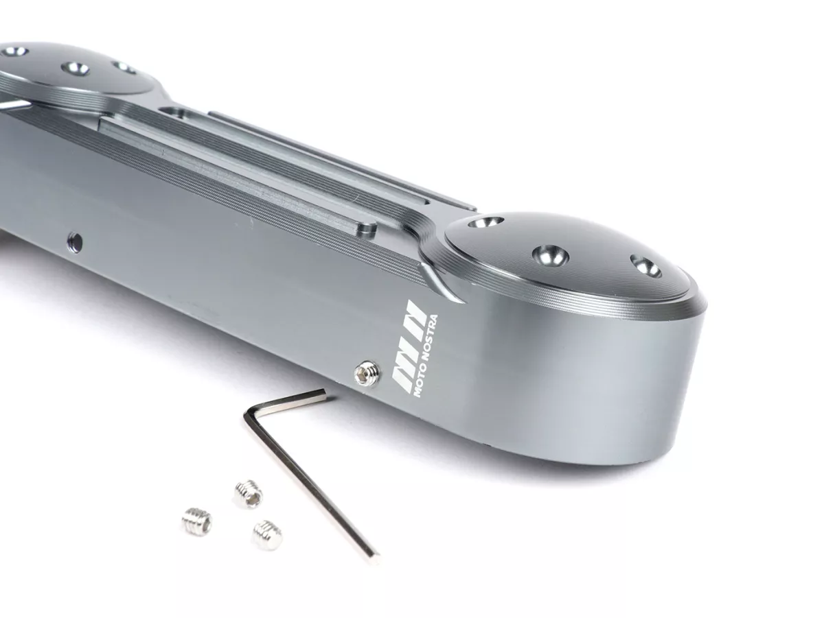 Fork link cover -MOTO NOSTRA, CNC, grey, straight fork link- Vespa GT 125 (ZAPM31100), Vespa GT 200 (ZAPM31200), Vespa GT 60 (ZAPM45102), Vespa GT L 125 (ZAPM31101), Vespa GT L 200 (ZAPM31200), Vespa GTS 125 (ZAPM31300, ZAPMA3100), Vespa GTS 125 i.e. Supe