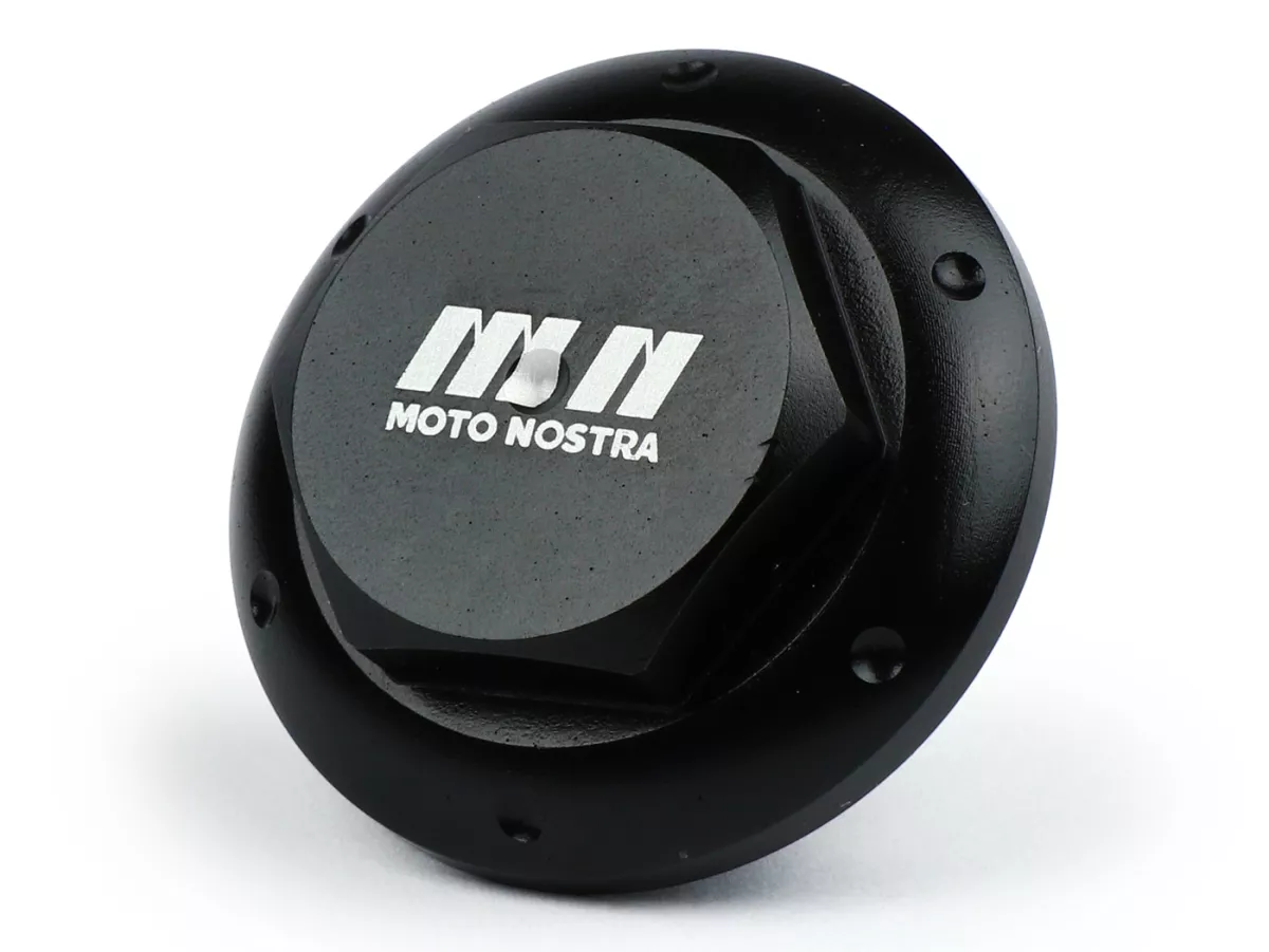 Bouchon huile -MOTO NOSTRA, CNC, noir brillant- tous les modèles Piaggio Leader 125-200cc, LEM 125-150cc, HE 125-150cc, IGET 125-150cc, Quasar/HPE 250-310cc, Master 400-500cc