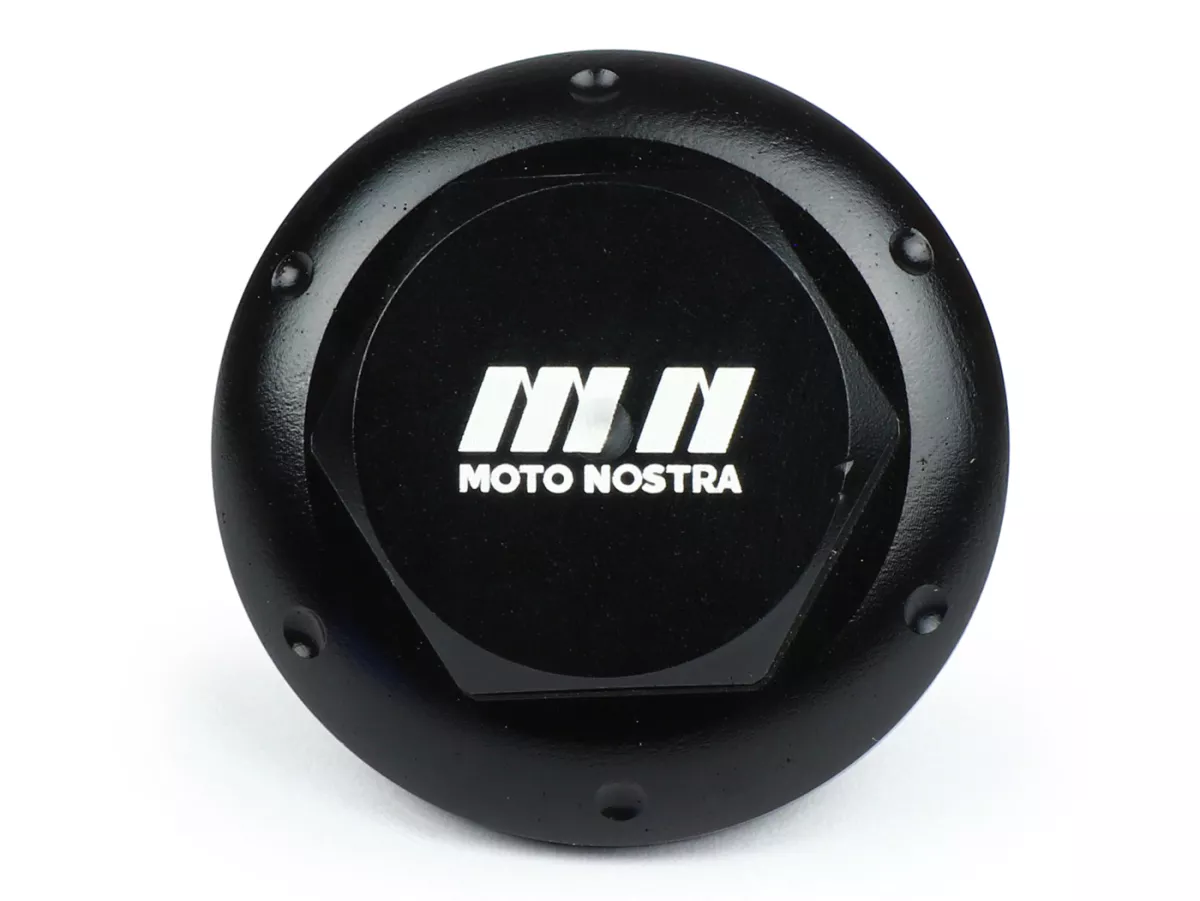 Bouchon huile -MOTO NOSTRA, CNC, noir brillant- tous les modèles Piaggio Leader 125-200cc, LEM 125-150cc, HE 125-150cc, IGET 125-150cc, Quasar/HPE 250-310cc, Master 400-500cc