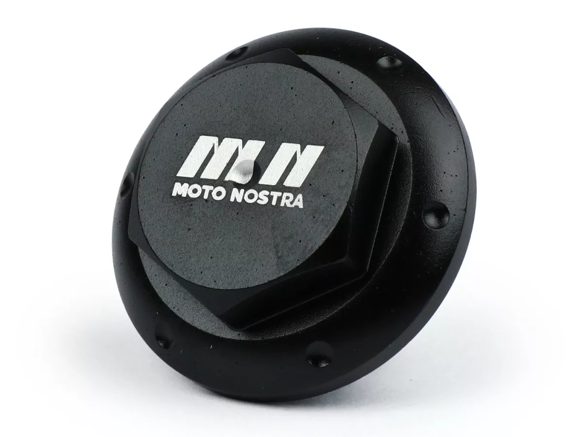 Bouchon huile -MOTO NOSTRA, CNC, noir mat- tous les modèles Piaggio Leader 125-200cc, LEM 125-150cc, HE 125-150cc, IGET 125-150cc, Quasar/HPE 250-310cc, Master 400-500cc