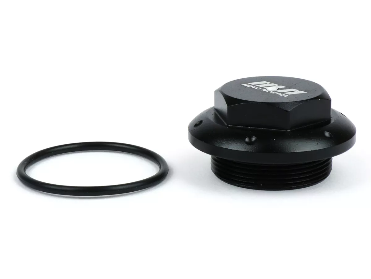 Bouchon huile -MOTO NOSTRA, CNC, noir mat- tous les modèles Piaggio Leader 125-200cc, LEM 125-150cc, HE 125-150cc, IGET 125-150cc, Quasar/HPE 250-310cc, Master 400-500cc