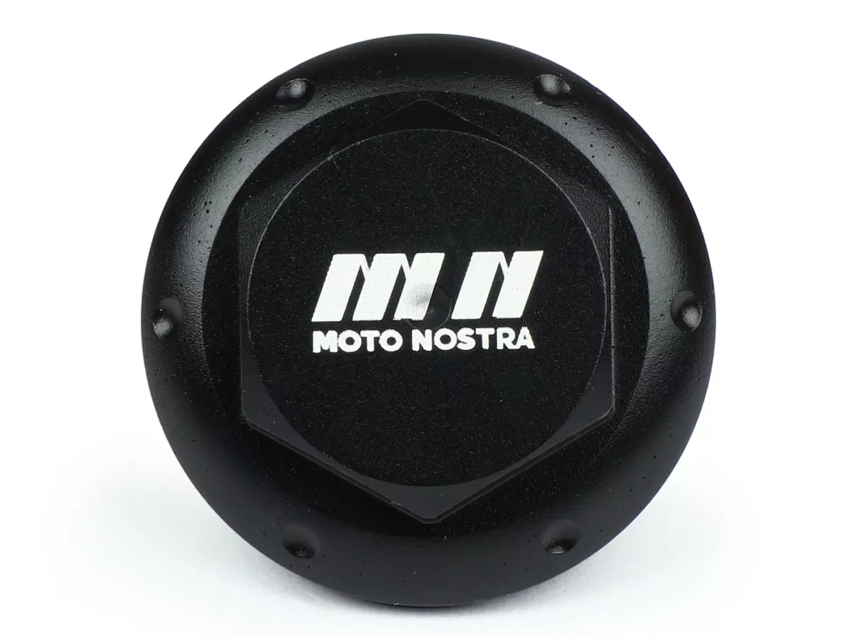 Bouchon huile -MOTO NOSTRA, CNC, noir mat- tous les modèles Piaggio Leader 125-200cc, LEM 125-150cc, HE 125-150cc, IGET 125-150cc, Quasar/HPE 250-310cc, Master 400-500cc