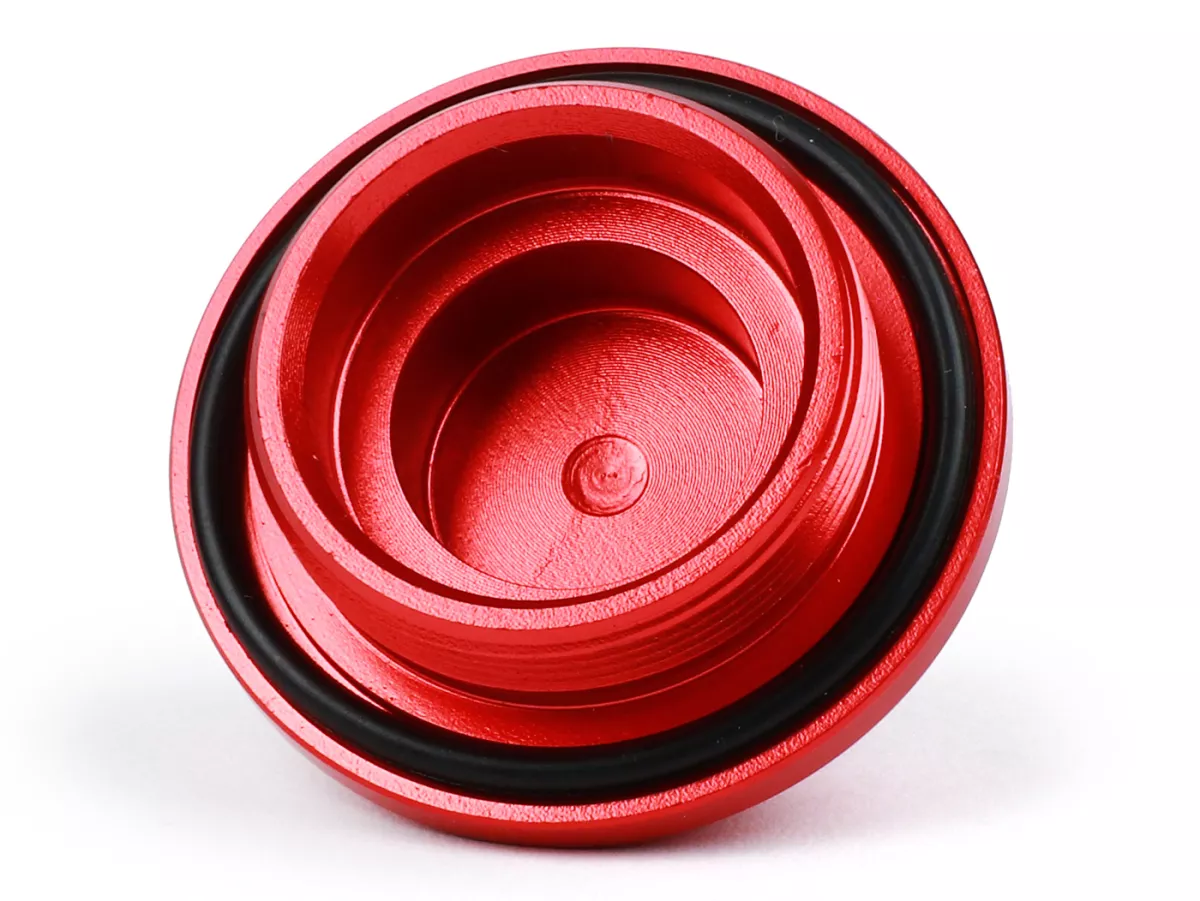 Oil drain plug -MOTO NOSTRA, CNC, red- all Piaggio Leader 125-200cc, LEM 125-150cc, HE 125-150cc, IGET 125-150cc, Quasar/HPE 250-310cc, Master 400-500cc