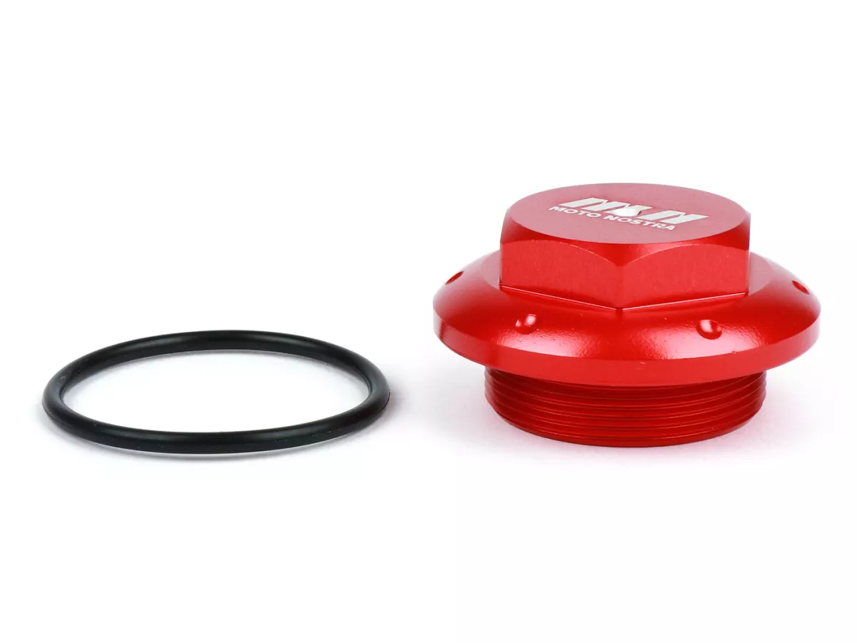 Oil drain plug -MOTO NOSTRA, CNC, red- all Piaggio Leader 125-200cc, LEM 125-150cc, HE 125-150cc, IGET 125-150cc, Quasar/HPE 250-310cc, Master 400-500cc