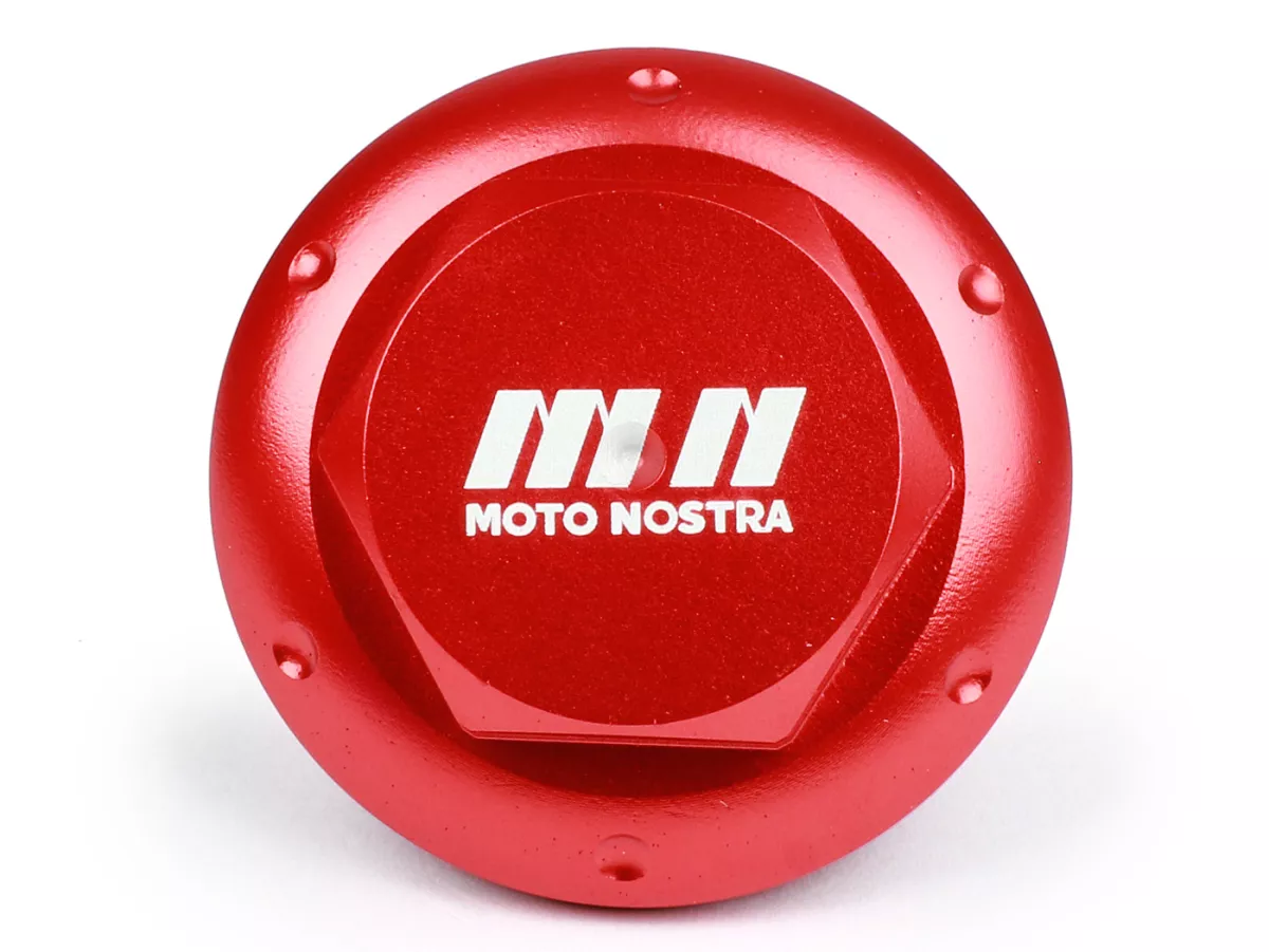Oil drain plug -MOTO NOSTRA, CNC, red- all Piaggio Leader 125-200cc, LEM 125-150cc, HE 125-150cc, IGET 125-150cc, Quasar/HPE 250-310cc, Master 400-500cc
