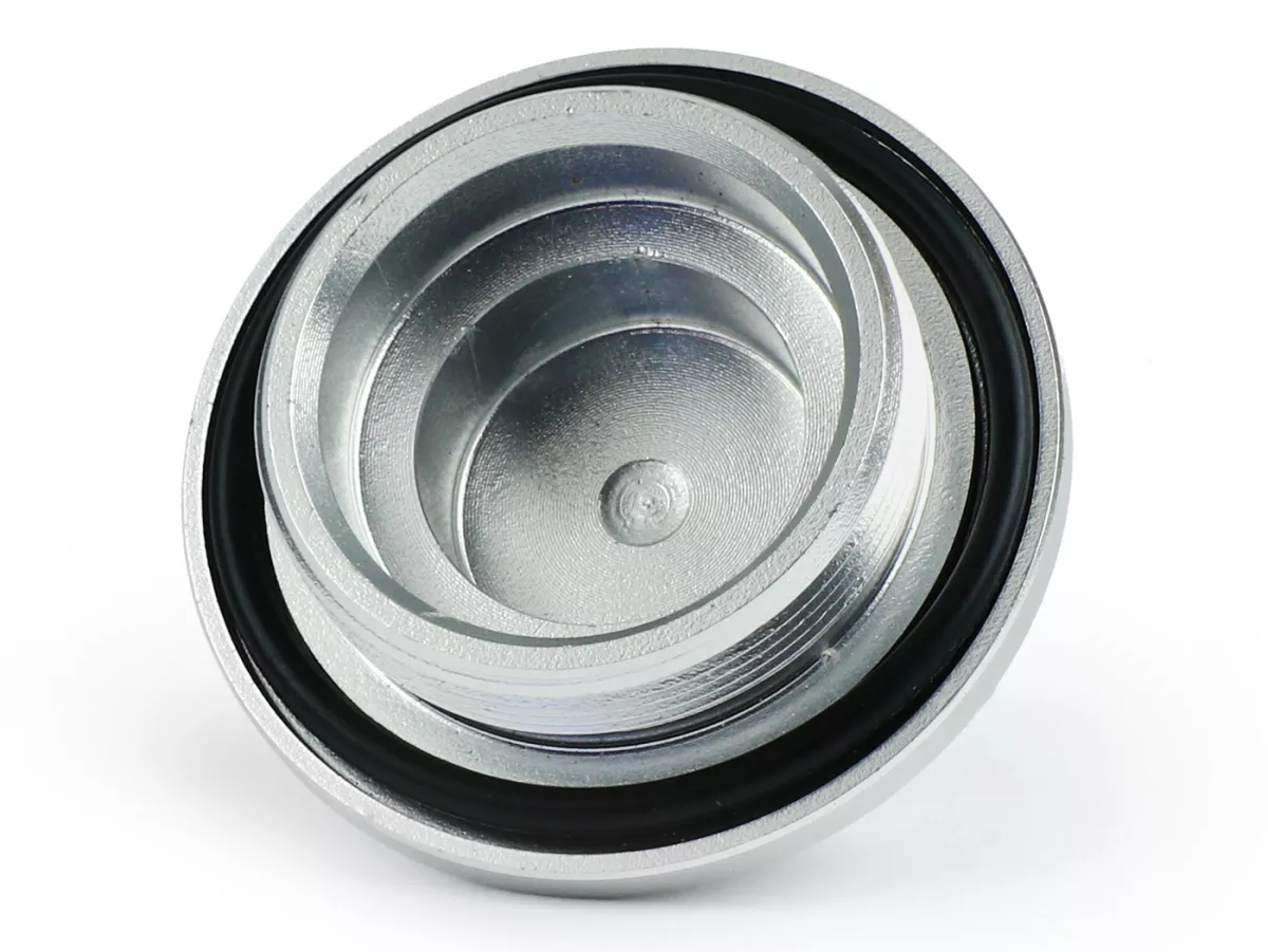 Bouchon huile -MOTO NOSTRA, CNC, argenté- tous les modèles Piaggio Leader 125-200cc, LEM 125-150cc, HE 125-150cc, IGET 125-150cc, Quasar/HPE 250-310cc, Master 400-500cc