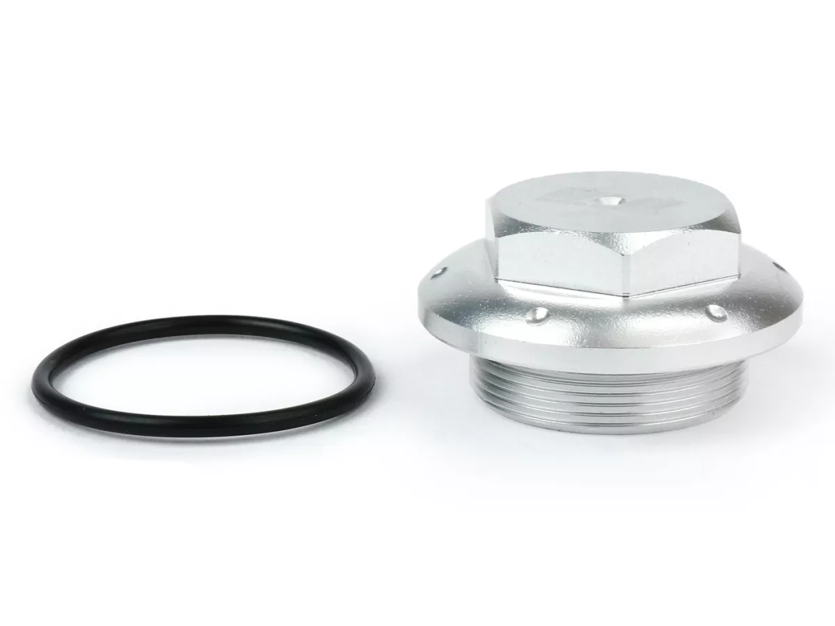 Bouchon huile -MOTO NOSTRA, CNC, argenté- tous les modèles Piaggio Leader 125-200cc, LEM 125-150cc, HE 125-150cc, IGET 125-150cc, Quasar/HPE 250-310cc, Master 400-500cc