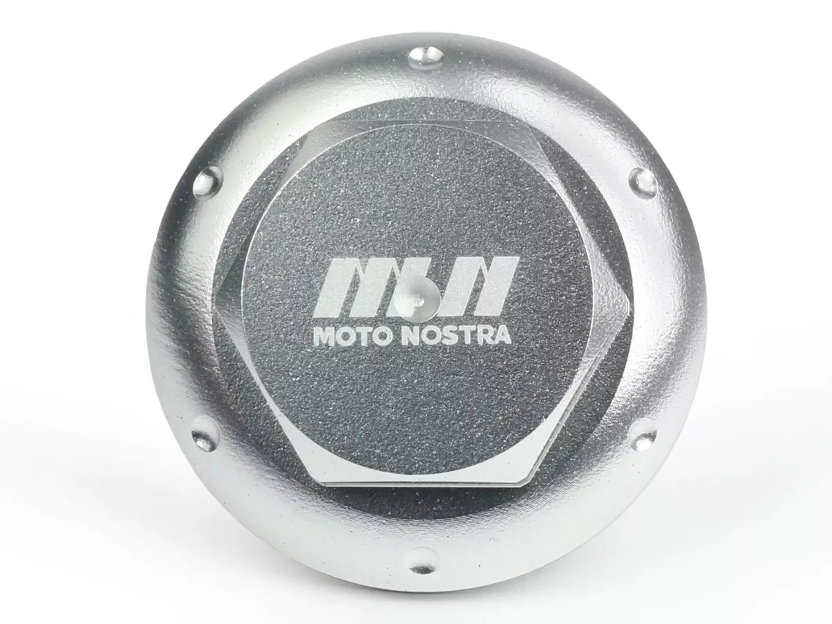Bouchon huile -MOTO NOSTRA, CNC, argenté- tous les modèles Piaggio Leader 125-200cc, LEM 125-150cc, HE 125-150cc, IGET 125-150cc, Quasar/HPE 250-310cc, Master 400-500cc