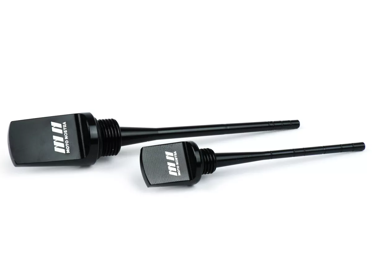 Set oil filler caps with dipstick, engine oil + gearbox oil -MOTO NOSTRA, CNC, black shiny- Vespa GTS HPE 300 (ZAPMA3600, ZAPMD310), Vespa GTS Super 125 (ZAPM45300, ZAPM45301), Vespa GTS Super HPE 300 (ZAPMA360, ZAPMD3100), Vespa GTS Super Sport 125 (ZAPM