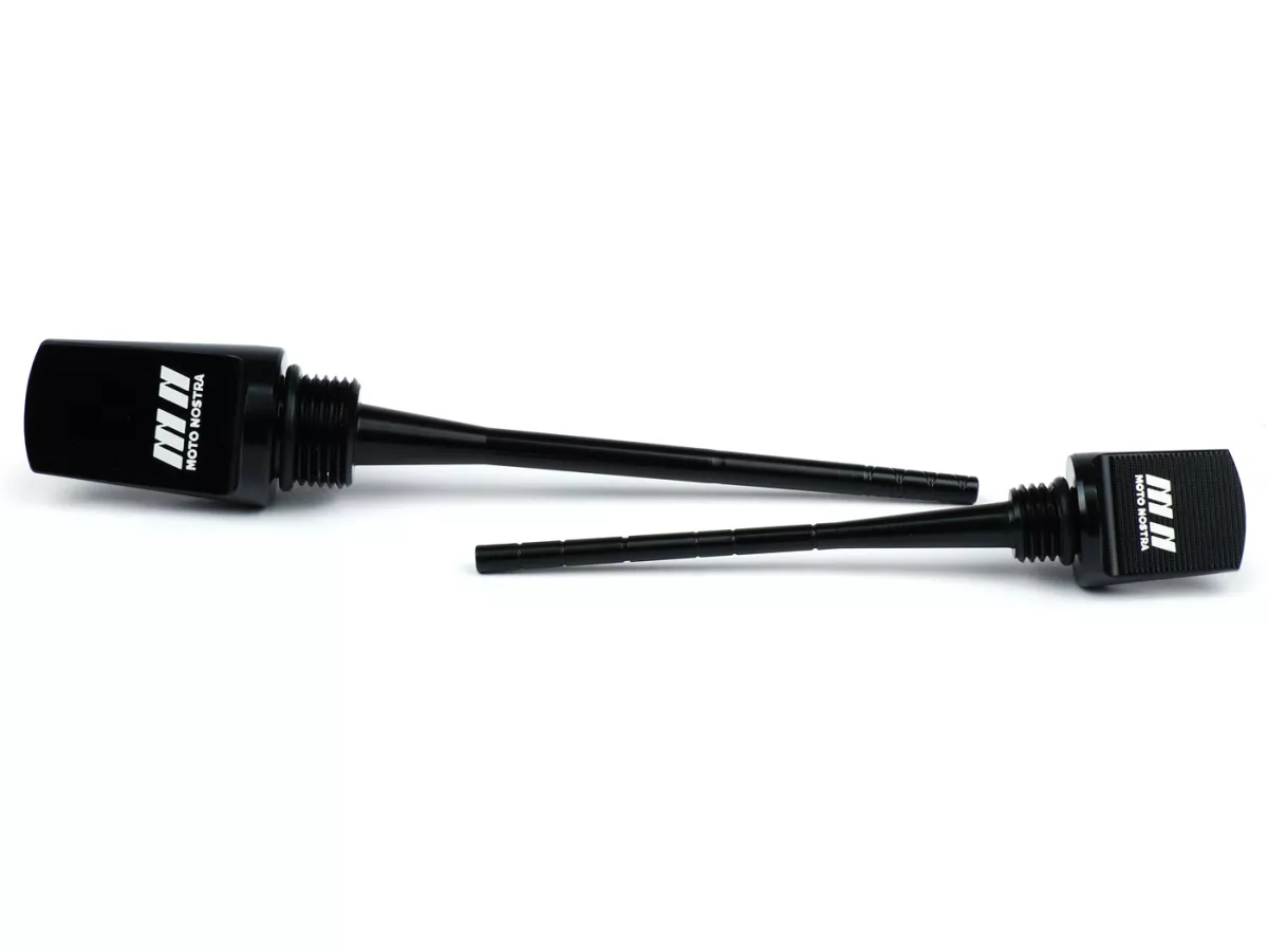 Set oil filler caps with dipstick, engine oil + gearbox oil -MOTO NOSTRA, CNC, black shiny- Vespa GTS HPE 300 (ZAPMA3600, ZAPMD310), Vespa GTS Super 125 (ZAPM45300, ZAPM45301), Vespa GTS Super HPE 300 (ZAPMA360, ZAPMD3100), Vespa GTS Super Sport 125 (ZAPM