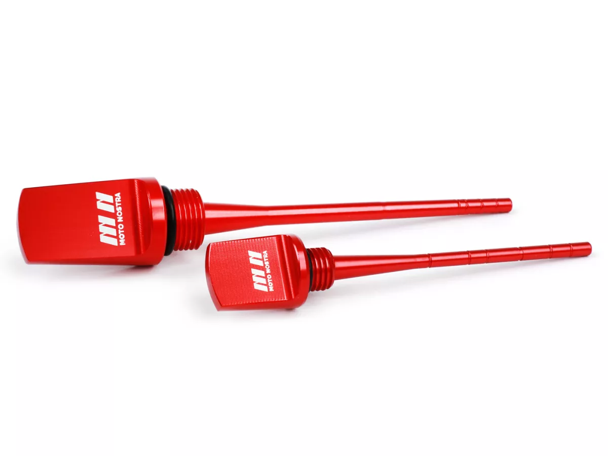 Set-Öleinfüllschrauben mit Peilstab, Motoröl + Getriebeöl -MOTO NOSTRA, CNC, rot- Vespa GTS HPE 300 (ZAPMA3600, ZAPMD310), Vespa GTS Super 125 (ZAPM45300, ZAPM45301), Vespa GTS Super HPE 300 (ZAPMA360, ZAPMD3100), Vespa GTS Super Sport 125 (ZAPM45300), Ve