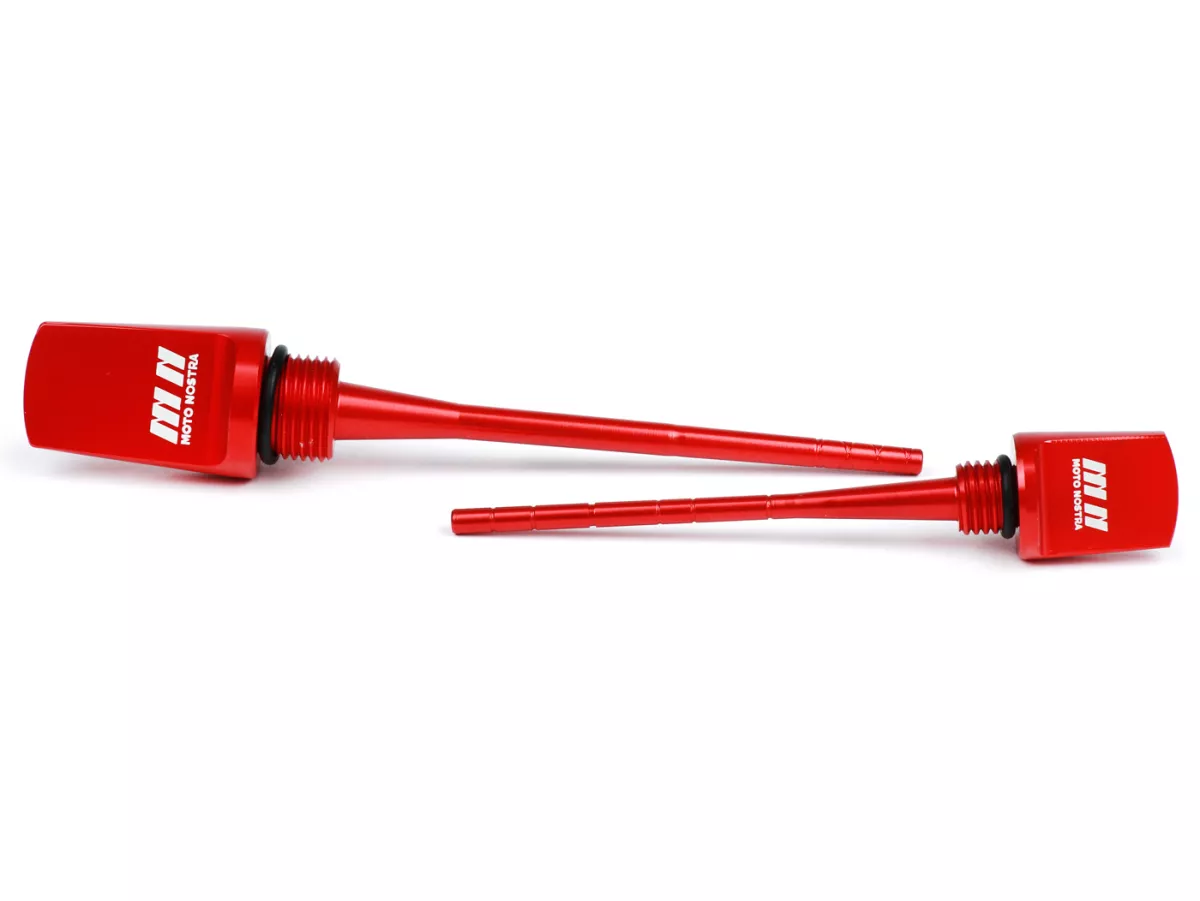 Set-Öleinfüllschrauben mit Peilstab, Motoröl + Getriebeöl -MOTO NOSTRA, CNC, rot- Vespa GTS HPE 300 (ZAPMA3600, ZAPMD310), Vespa GTS Super 125 (ZAPM45300, ZAPM45301), Vespa GTS Super HPE 300 (ZAPMA360, ZAPMD3100), Vespa GTS Super Sport 125 (ZAPM45300), Ve