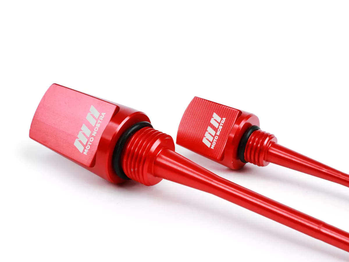 Set-Öleinfüllschrauben mit Peilstab, Motoröl + Getriebeöl -MOTO NOSTRA, CNC, rot- Vespa GTS HPE 300 (ZAPMA3600, ZAPMD310), Vespa GTS Super 125 (ZAPM45300, ZAPM45301), Vespa GTS Super HPE 300 (ZAPMA360, ZAPMD3100), Vespa GTS Super Sport 125 (ZAPM45300), Ve