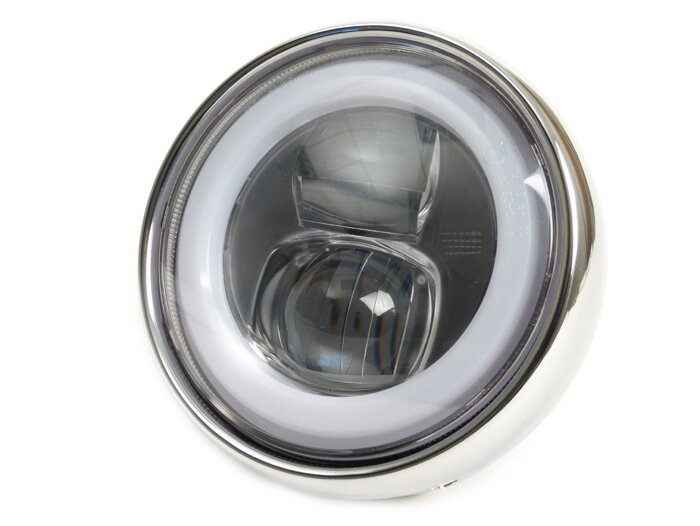 Faro -MOTO NOSTRA- LED HighPower - Ø=120mm - 12V DC - con etichettatura E9 - per conversione di Lambretta LI/TV (serie 1-3), Jet, Vespa SS50, SS90, PV125, ET3, Super, VNB, VBA, VBB, GS150 / GS3, GS160 / GS4 (VSB1T)